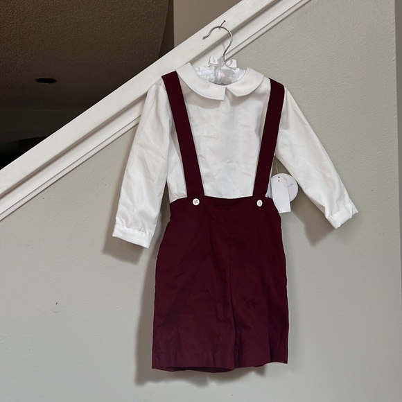 Edgehill Collection Peter Pan Collar Long Sleeve Top & Suspender Shortall Set - Picture 3 of 9